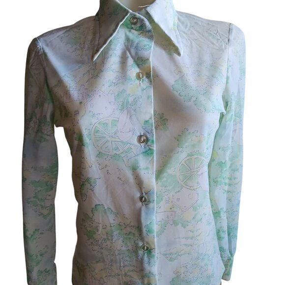 Small 32 Vintage 70's Sheer Nylon Disco Shirt Blouse Scenic Country Print Green - Picture 1 of 10